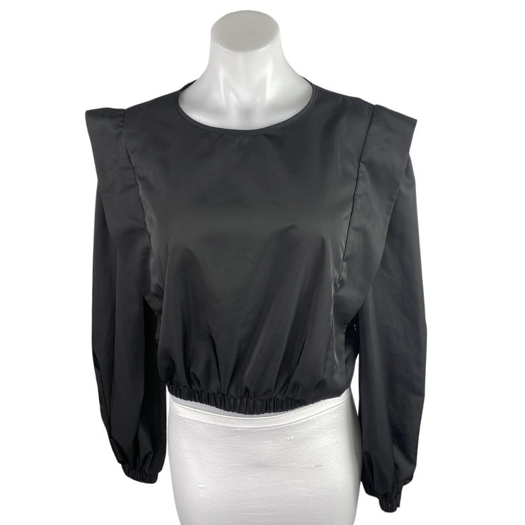 Missguided Women's Black Silky Satin Ruffle Flutter Sleeve Crop Blouse Top 10