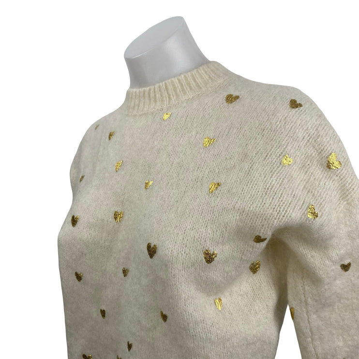 SEZANE Cinta Women's Cream Wool Gold Heart Long Sleeve Sweatshirt Sweater Top M