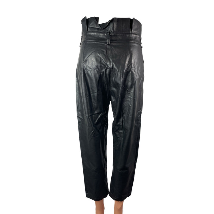 Women's Black Faux Leather Vegan High Rise Paperbag Straight Trousers Pants W30
