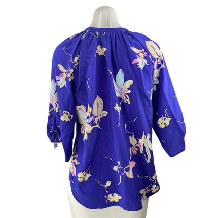 Yumi Kim 100% Silk Women's Blue Floral 3/4 Puff Sleeve Button V-neck Blouse Top