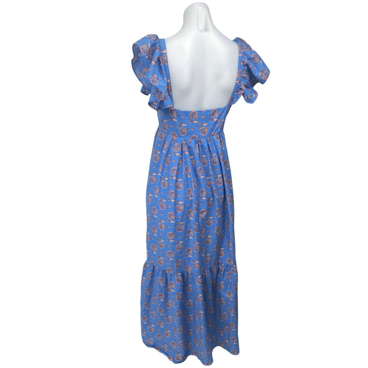 Mango MNG Blue Floral Ruffle Short Sleeve Deep V-Neck A Line Maxi Dress Size 4