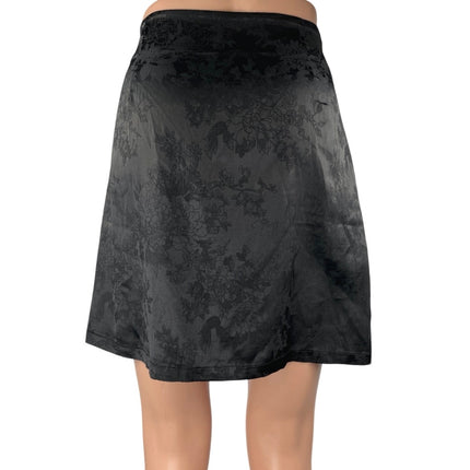 Lyaner Black Floral Silky Satin High Waist Front Slit Mini A-Line Skirt Size L