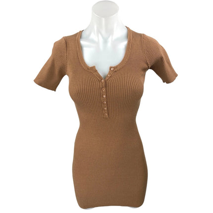 Princess Polly Brown Ribbed Knit Short Sleeve Henley Mini Bodycon Dress Size 4