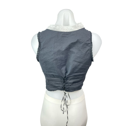 With Jean Black Lace Trim Pintucked Corset Bustier Zip Up Cami Tank Crop Top M