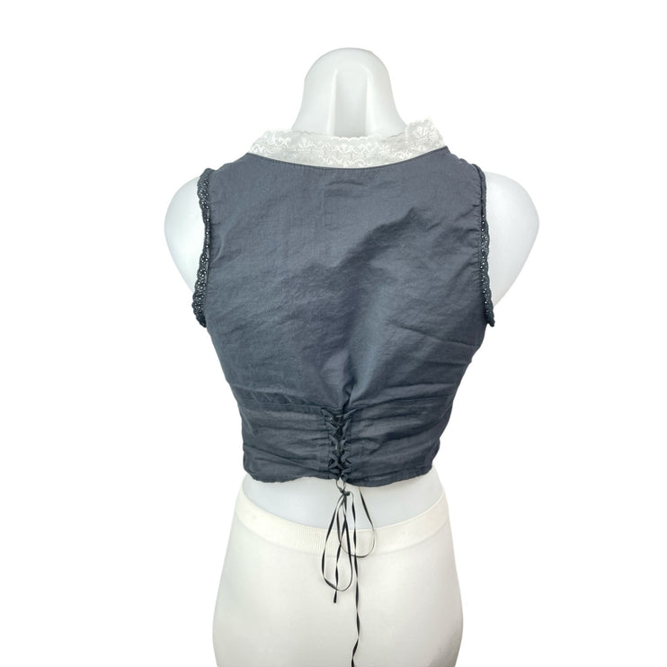 With Jean Black Lace Trim Pintucked Corset Bustier Zip Up Cami Tank Crop Top M