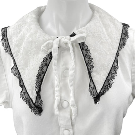 Black Friday White Lace Collar Short Sleeve Button Up Shirt Blouse Crop Top 16