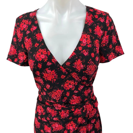 Club Monaco Esquinah Black Red Floral Short Sleeve Ruched Mini Wrap Dress Size 4