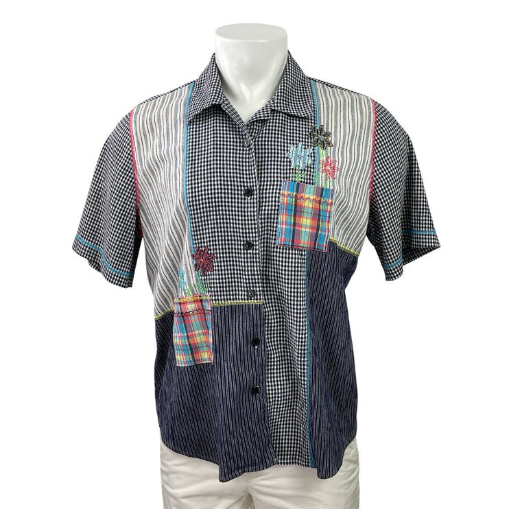 Koret Men Blue Gingham Check Patchwork Short Sleeve Button Down Shirt Top Size L