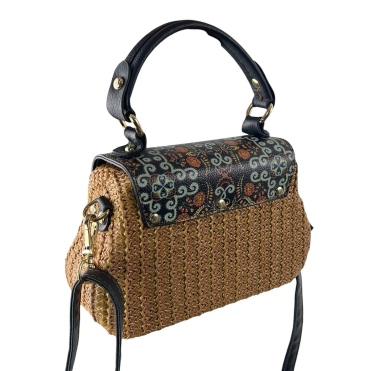 Women's Multicolor Boho Woven Straw Faux Leather Handle Crossbody Handbag OS