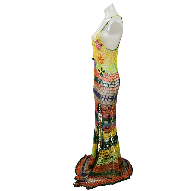 Fashion Nova Naomi Multicolor Crochet Embroidered Open Knit Maxi Coverup Dress L