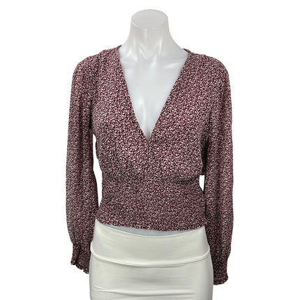 Abercrombie & Fitch Maroon Red Floral Long Sleeve V Neck Smocked Blouse Top S