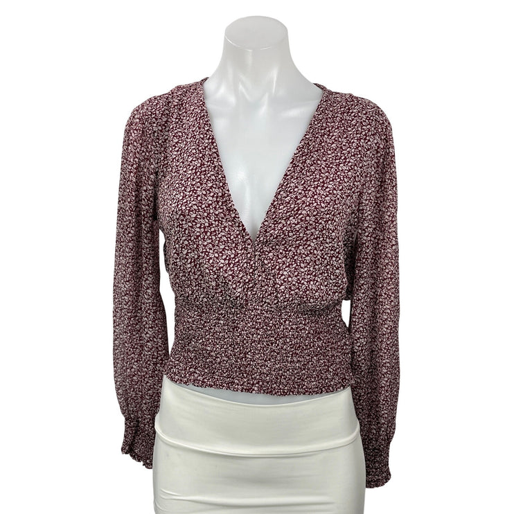 Abercrombie & Fitch Maroon Red Floral Long Sleeve V Neck Smocked Blouse Top S
