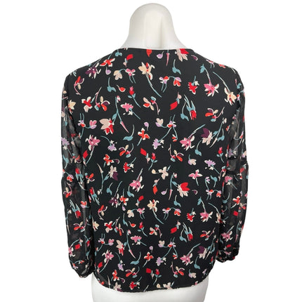 Madewell Drifting Flowers Black Floral Shirred Sleeve V-Neck Blouse Top Size XS