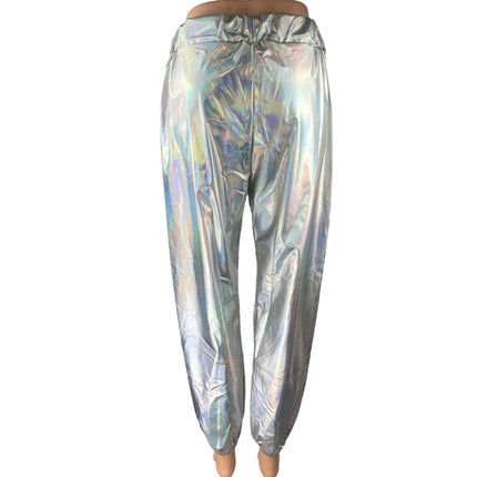 Women's Silver Metallic Irredescent Glossy Tapered High Waist Jogger Pants Sz L