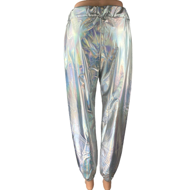 Women's Silver Metallic Irredescent Glossy Tapered High Waist Jogger Pants Sz L