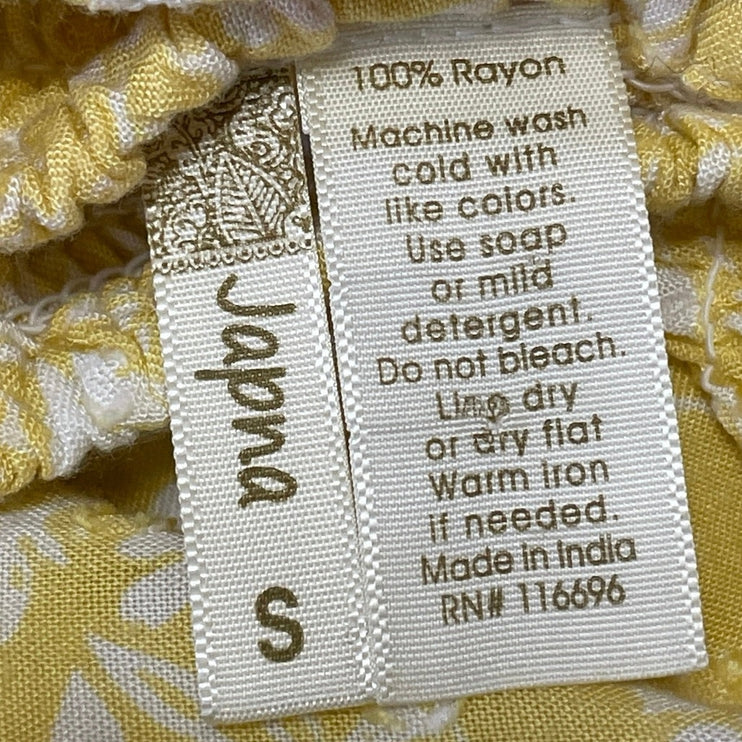 Japna Yellow Floral Shirred Smocked Sleeveless Tie A Line Fit & Flare Dress S