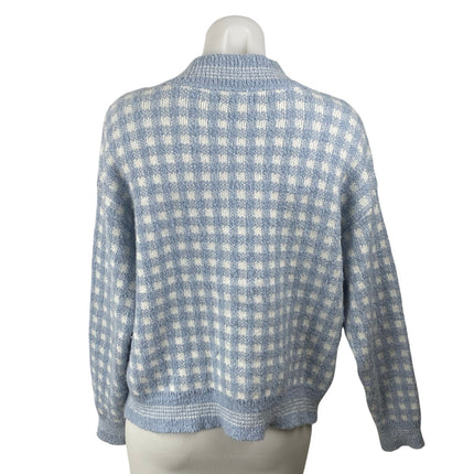Aqua Blue White Checkered Plaid V Neck Long Sleeve Crop Cardigan Sweater Top L