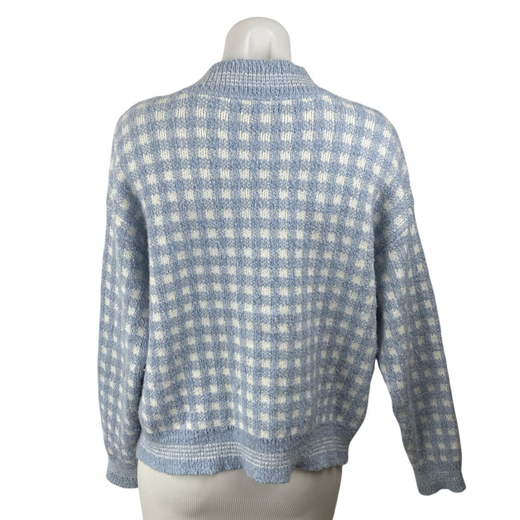 Aqua Blue White Checkered Plaid V Neck Long Sleeve Crop Cardigan Sweater Top L