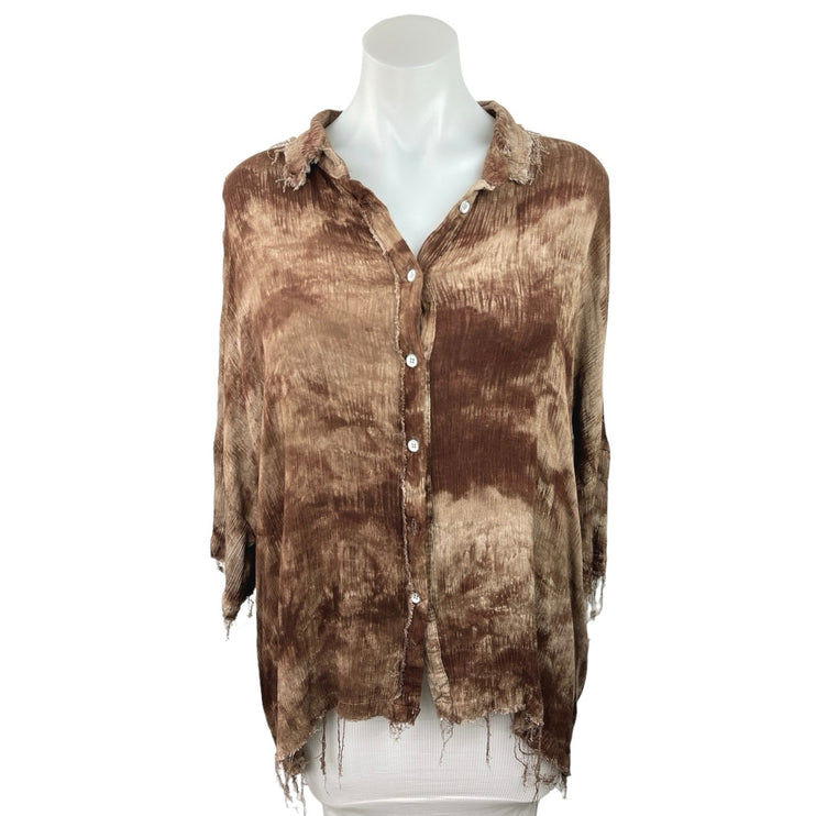 12th Tribe Brown Ritual Mocha Tie Dye Button Up Ripped Edges 3/4 Sleeve Top Sz L