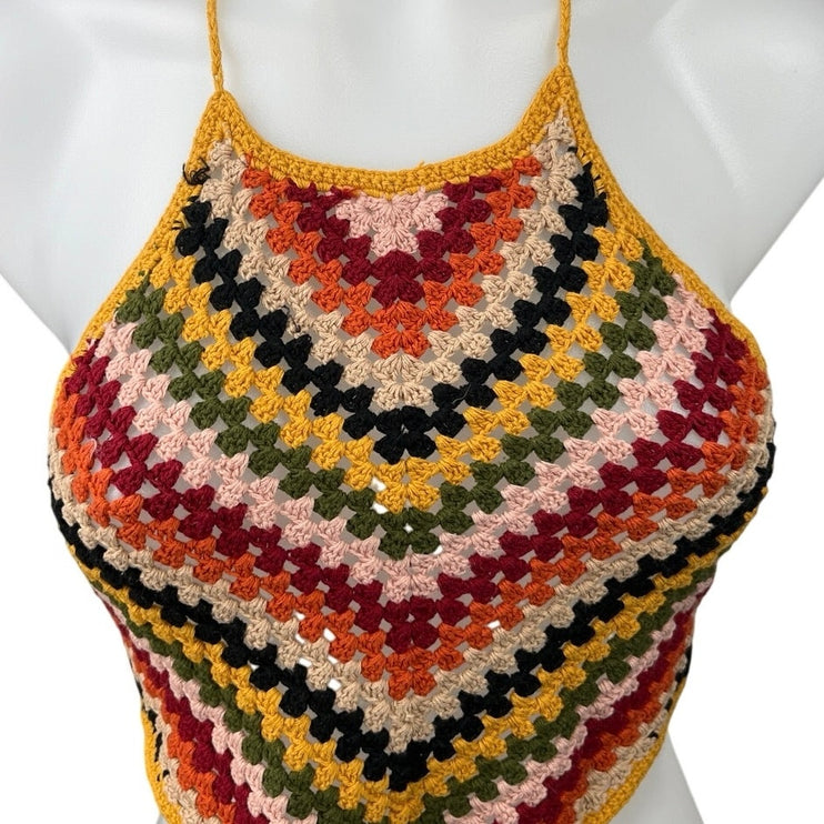 Forever 21 Multicolor Halter Crochet Striped Boho Festival Crop Tank Top Size S