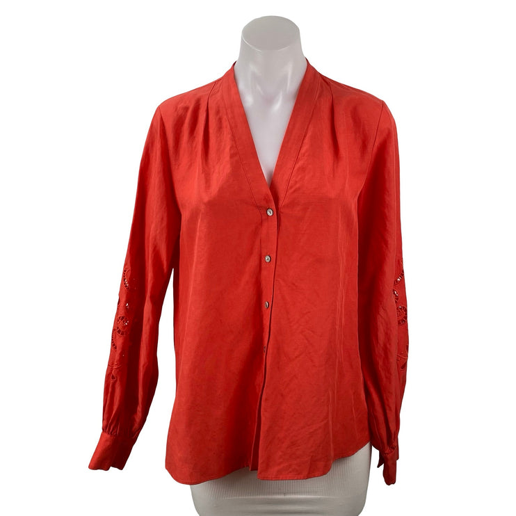 Kobi Halpern Red Linen Eyelet Embroidered Long Sleeve Button Down Shirt Top S