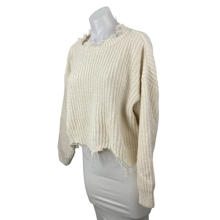 Dress Forum Womens Ivory Ripped Frayed Long Sleeve Crop Sweatshirt Sweater Top S
