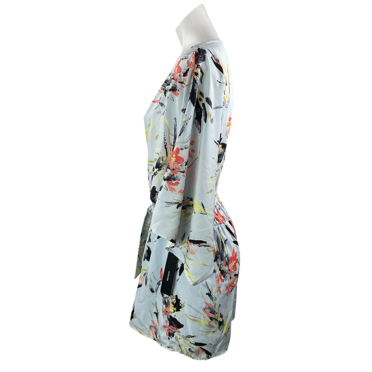 NEW Lulus Paraiso Light Blue 3/4 Sleeves Floral Wrap Kimono Jumpsuit Romper Sz L