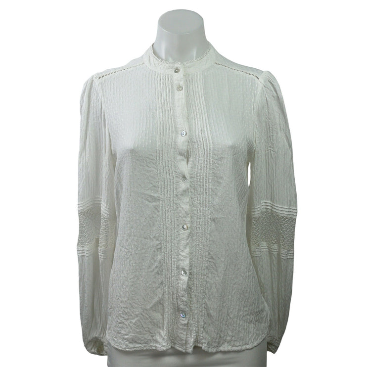 MNG Mango Women's White Pintuck Long Sleeve Button Down Blouse Shirt Top Size 4