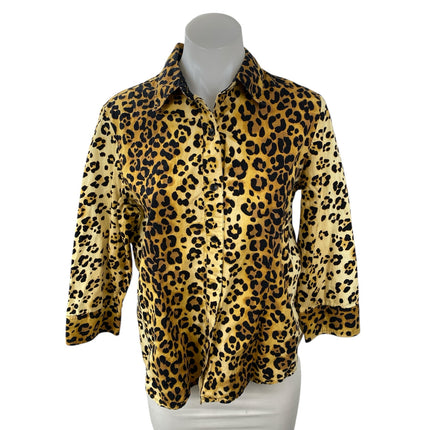 Jones New York Women's Beige Leopard Animal Print Button Down Shirt Top Size M