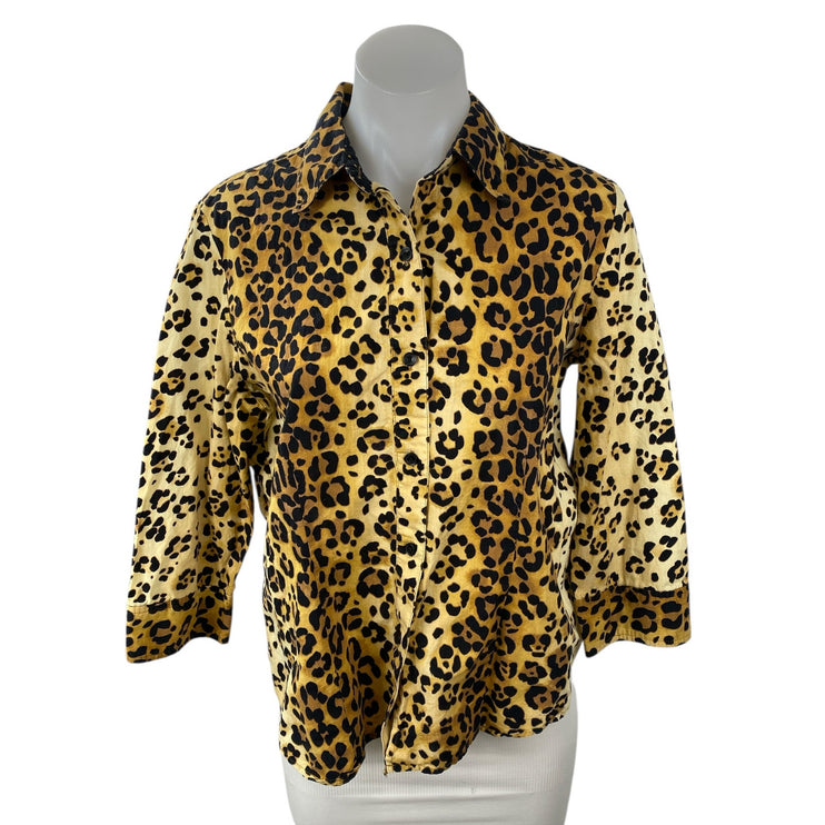 Jones New York Women's Beige Leopard Animal Print Button Down Shirt Top Size M