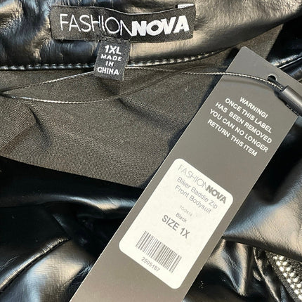 NEW Fashion Nova Biker Baddie Black Faux Leather Latex Zip Bodysuit Top Size 1X