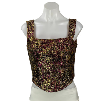 NBD Ada Gold Metallic Floral Sleeveless Tank Corset Bustier Crop Top Size M