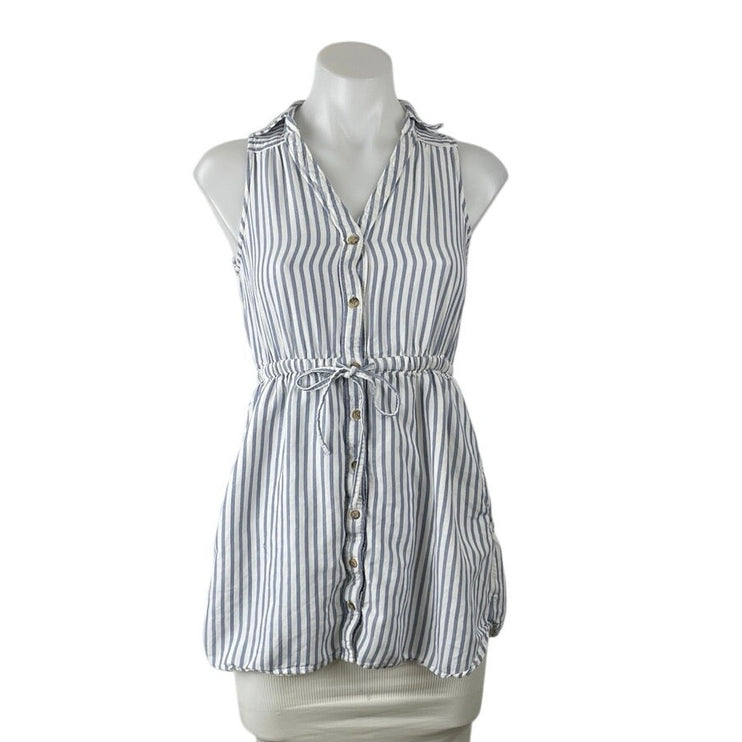 Abercrombie & Fitch Blue Striped Sleeveless Tie Waist Button Up Shirt Top Sz XS
