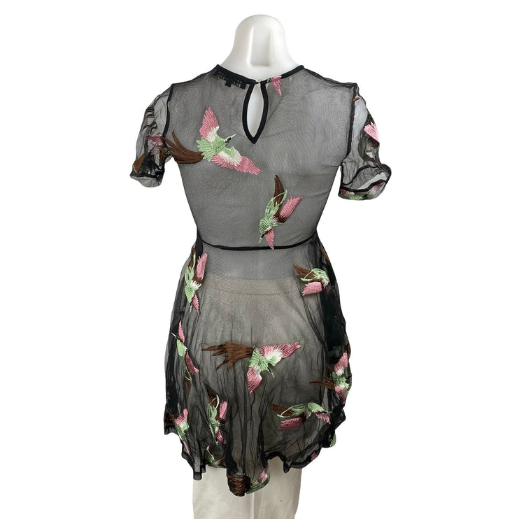 Endless Rose Womens Bird Embroidery Sheer Mesh Short Sleeve Peplum Blouse Top XS