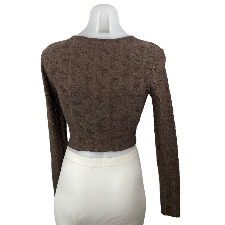 Zara Women's Brown Embossed Textured Long Sleeve Knit Round Neck Crop Top Size M