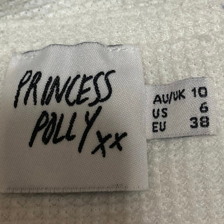 Princess Polly White Waffle Knit Long Sleeve Henley Cropped Sweater Top Size 6