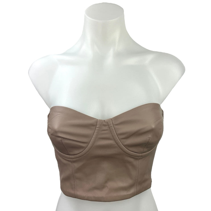 Zara Brown Faux Leather Sweetheart Neck Smocked Corset Bustier Crop Tube Top S