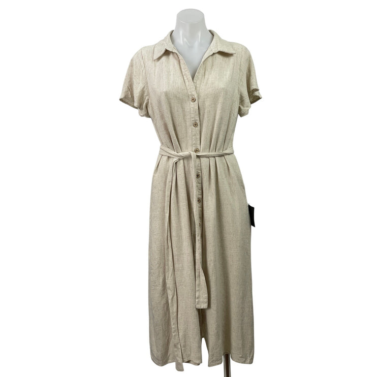 NEW Lulus Beige Linen Short Sleeve Tie Waist Button Down Shirt Midi Dress Size M