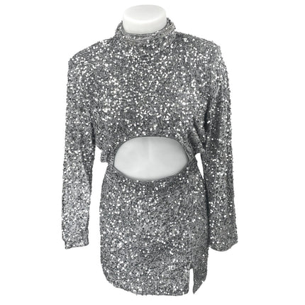 PrettyLittleThing Silver Sequin Long Sleeve Cutout Zip Mini Bodycon Dress Sz 16