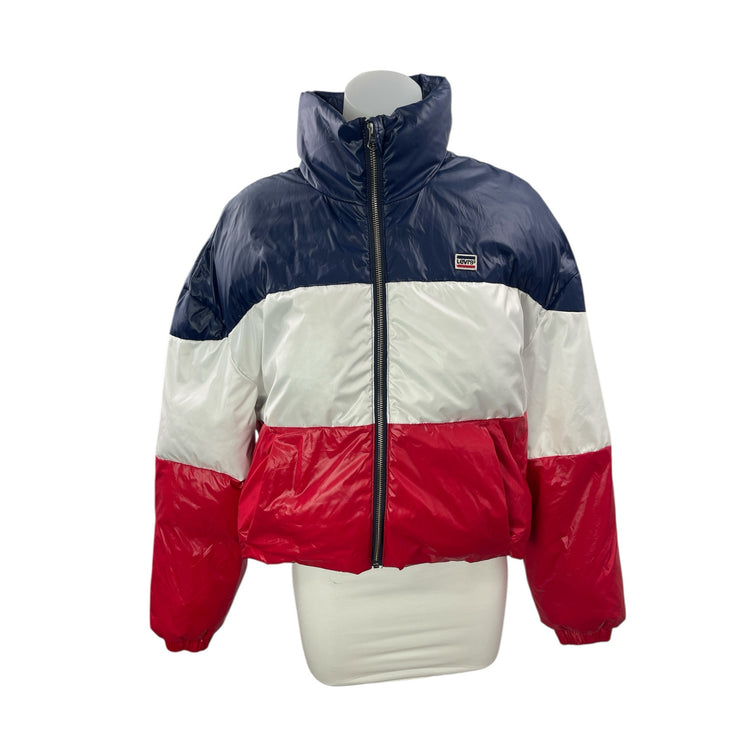 Levi's Color Block High Neck Long Sleeve Full Zip Cropped Puffer Coat Jacket L