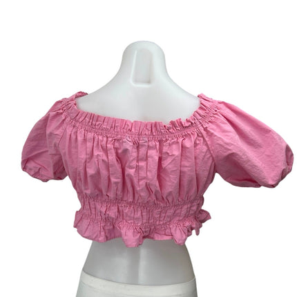 Zara Women's Pink Off The Shoulder Short Puff Sleeve Ruffle Crop Top Size L