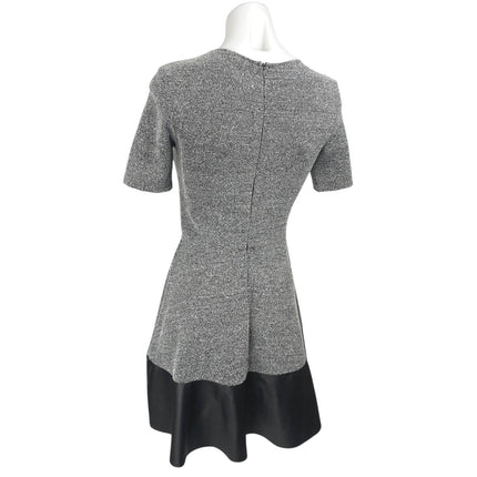 Aqua Gray Tweed Faux Leather Hem Short Sleeve Mini A-Line Fit & Flare Dress Sz S