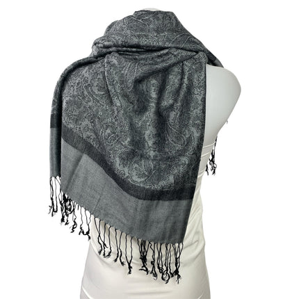 Pashmina Black Gray Paisley Colorblock Silk Fringe Wrap Shawl Neck Scarf OS