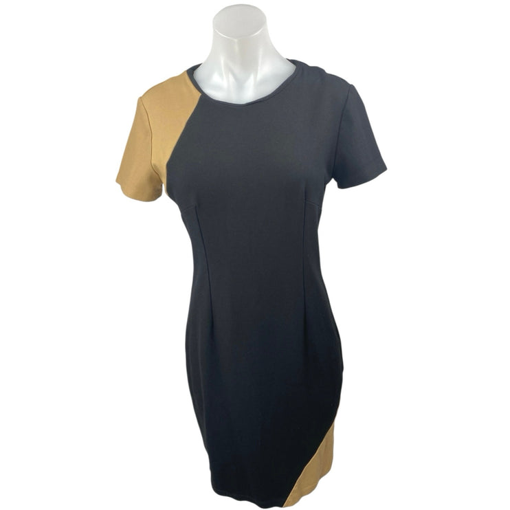 Numari Black Beige Tan Short Sleeve Colorblock Slit Pleated Mini Sheath Dress M