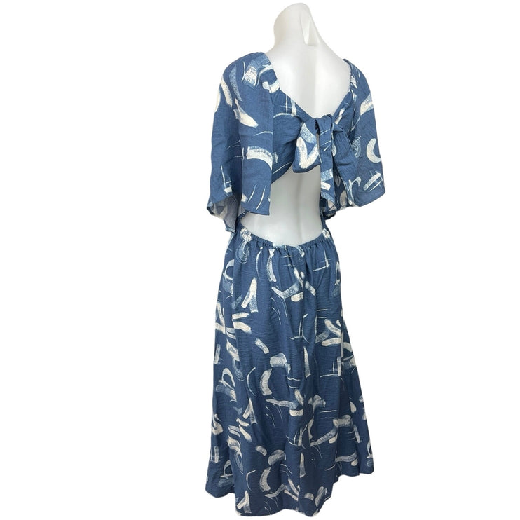 A New Day Swirls Print Blue Square Neck Short Flutter Sleeves Midi Dress Sz XXL