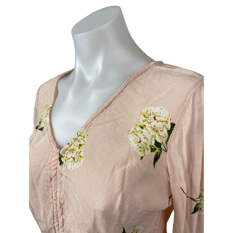 Topshop Women's Pink Long Sleeve Ruched Tie V Neck Cropped Blouse Top Size 4