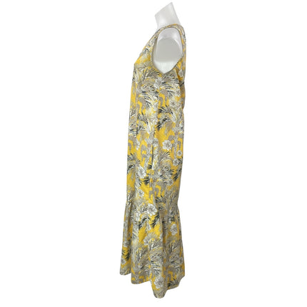 MNG Mango Yellow Floral Sleeveless V Neck Drop Waist Ruffle Midi Skirt Size 4