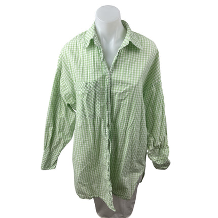 Stradivarius Green Gingham Check Collared Long Sleeve Button Down Shirt Top Sz S