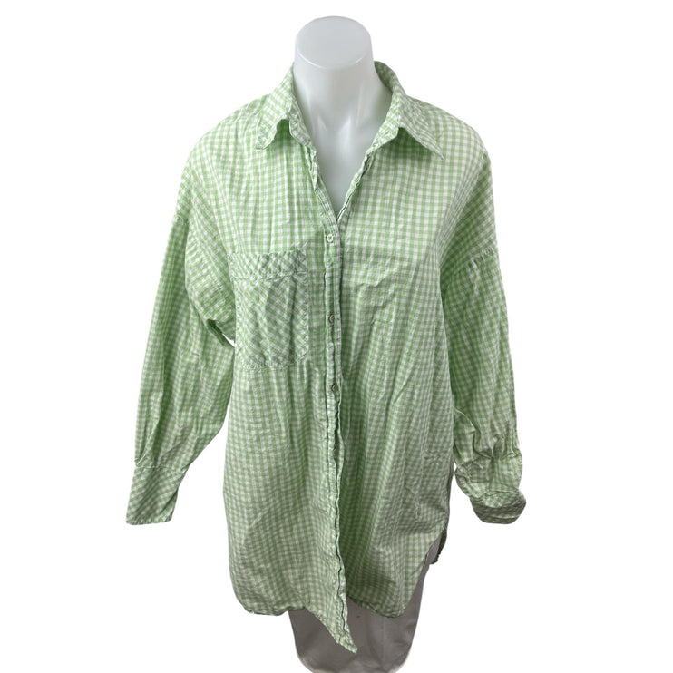 Stradivarius Green Gingham Check Collared Long Sleeve Button Down Shirt Top Sz S