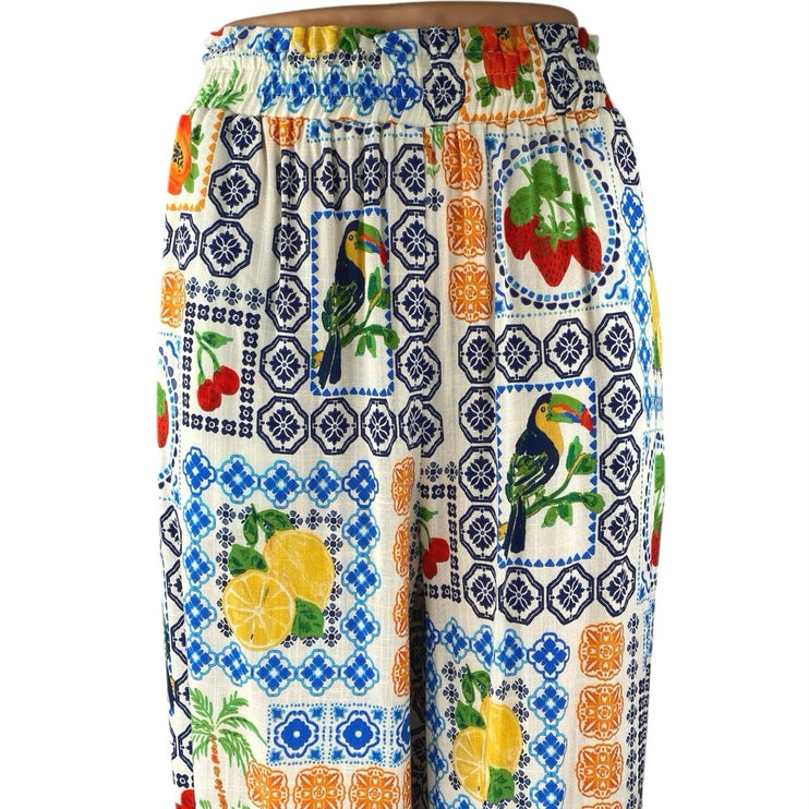 NEW Rose + Olive Framed Fruits Multicolor Wide Leg Palazzo Trousers Pants Size M